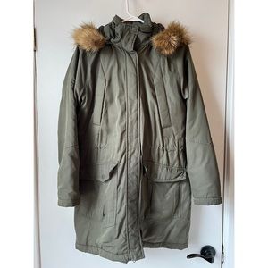 army green winter parka with detachable fur collar
